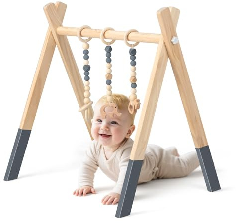 FANTASK Baby Gym Spieltrapez, Spielbogen aus natürlichem Holz mit 3 abnehmbaren Kinderspielzeugen, Aktivitätscenter für Babys über 3 Monate (Grau)