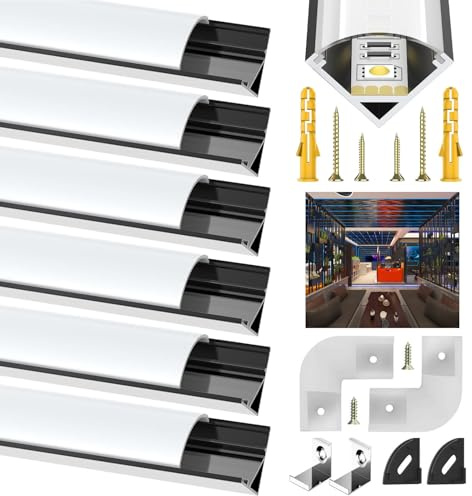 LED Kanal Schwarz, 6X1M Stripe Profil V Form Aluminium Profil für 10mm LED Streifen, Stripes Kanäle Leiste Aluprofil Eckprofil Strip Diffusor mit Milchig Weißer Abdeckung und 45 Grad Eckverbindern