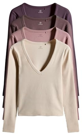 THE SET Mujeres Pack de 4 Camisetas de Manga Larga de canalé con Cuello de Pico Pronunciado Purple/Brown/Pink/Stone S