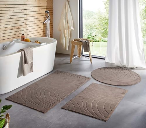 Taracarpet Badematte Badvorleger Homestyle rutschfest waschbar Badezimmerteppich Badewannenmatte, Badteppich, Duschmatte Badezimmer saugfähig Weich auch als Set Taupe abstrakte Wellen 080 cm rund