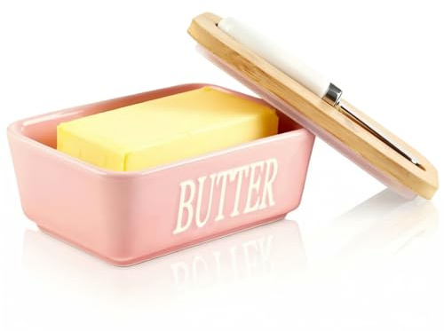Ceramic Butter Dish with Wooden Lid, Butter Container with High Quality Silicone Seal, with Stainless Steel Butter Knife, Perfect for Butter, Cheese, Kitchen Baking, Pink 350ml