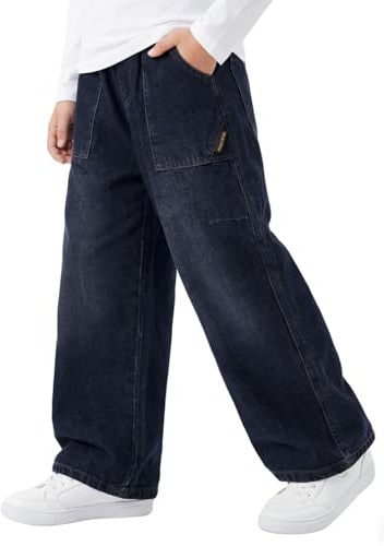 Keyck Jeans Ragazzo Baggy Loose Fit Pantaloni con Vita Elasticizzata Tasche Multiple Bambino Lunghi Denim Pants Moda Streetwear Casual Stretch Vintage Jeans per Ragazzi 14-15 Anni, Blu Scuro