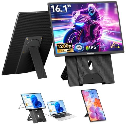 Blackview 16,1 tum FHD 1200P ultratunn bärbar bildskärm, 360° vridbar magnetstativ, laptopskärmförlängning för resor och kontor, plug and play – Kompatibel med Windows/Mac/PC/PS5