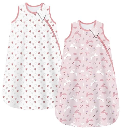 Teechodina Schlafsack Baby 1.5 TOG 2er Pack Babyschlafsack Neugeborene 100% Baumwolle Ganzjahresschlafsack für Frühling Herbst, 1.5 Tog/Sweet Heart + Rabbit, 67cm/0-6 Monate