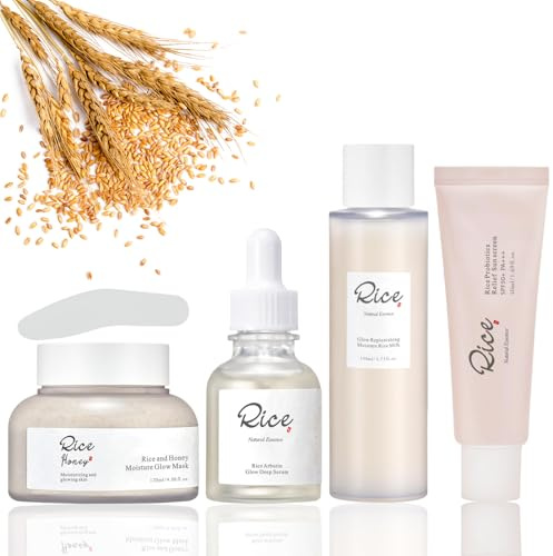4 Stück Korean Skincare Set – Rice Toner, Rice Arbutin Serum, Rice&Honey Glow Mask, Rice Sunscreen, Feuchtigkeit & Glow Skin Care Set für Frauen, Straffendes Hautpflege Set für Einen Strahlenden Teint