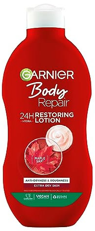 Garnier Body Repair Restoring Moisturiser 400ml, With Nourishing & Soothing Canadian Maple Sap, 24 Hour Hydration, For Extra Dry Rough Skin, Fast Absorbing & Non-Greasy