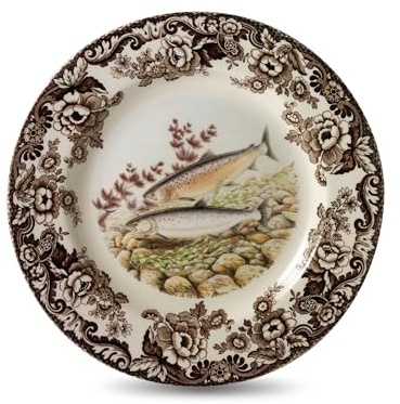 Spode Woodland Salmon Dinner Plate, British Country Style Earthenware Featuring Wildlife Scene - Rustic Holiday Kitchen Accent, Made in England - Festive Seasonal Table Decor Decorative Piece