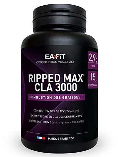 EAFIT - Ripped Max CLA 3000 - Bruleur de graisse puissant 3g CLA + Piment + Zinc +Vitamines B6 - Facilite la combustion des graisses lors des séances de sport - Pensé pour musculation - 60 Capsules