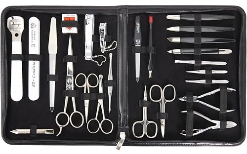 DREI SCHWERTER - Germany 23-tlg. MEGA Maniküreset 'Varese' Nagel Set Etui in Kunstleder schwarz | Inhalt: Nagelschere, Nagelzange, Haarschere, Nagelknipser und vieles mehr!