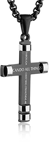 HZMAN Philippians 4:13 Cross Necklace Pendant Strength Bible Verse Stainless Steel Cross Pendant Jewelry Gift (Black)
