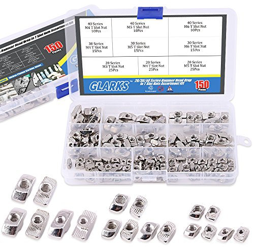 Glarks 150Pcs European M3 M4 M5 M6 Hammer Head Drop in T Nut Slot Assortment Kit for 20/30/40 Series Aluminum Profile - Nickel Plated Carbon Steel