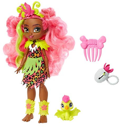 Cave Club poupée préhistorique articulée Fernessa aux Cheveux Roses avec Figurine bébé Dinosaure Ptilly et Accessoires, Jouet pour Enfant, GNL85