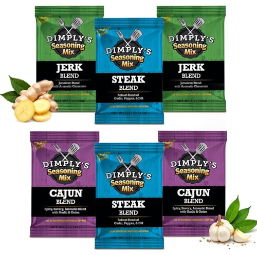 Dimply's Seasoning Variety Pack, Jamaican Jerk, Steak, and Cajun Blends, Dry Rub and Marinade for Chicken, Meat, Seafood, Vegetables, and Tofu, Gluten-Free, All-Natural, (2 pack each & 6 ounce)