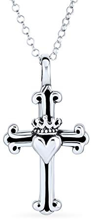 Bling Jewelry Collier Croix Fleur De Lys Ancienne Saint Jacques Religieuse Fleurette Couronne Des Rois Antiquité Cœur Collier Croix Fleur De Lys Solide Oxydé .925 Argent Sterling