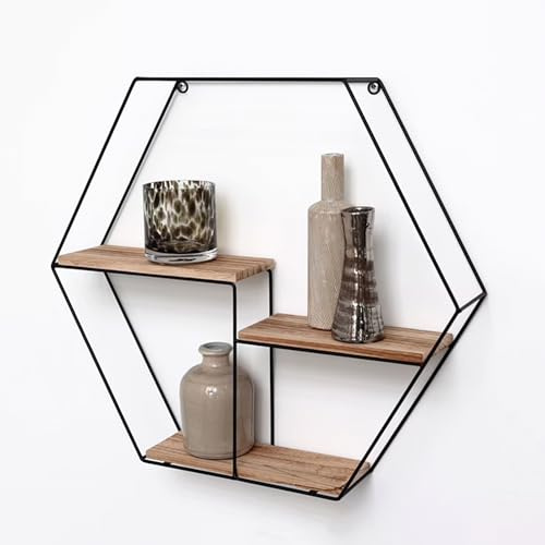 Vivol Waben Wandregal Schwarz 48 x 55 x 10 cm, sechseckiges Metallregal mit 3 Holzböden, Hexagon Dekoregal & Wanddeko Regal für Wohnzimmer, Schlafzimmer, Kinderzimmer, Flur & Büro modern Zuhause Deko