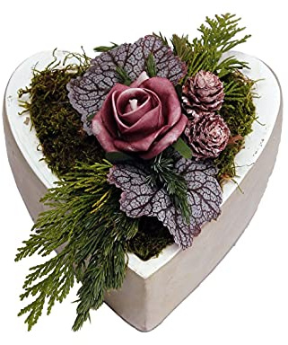 Grabschale Grabschmuck Herz weiß mit Rose Beere Moos Ø 15cm H 12cm Keramik