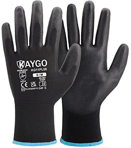 KAYGO 12 Paar Arbeitshandschuhe für Herren Damen, PU beschichtet Schutzhandschuhe, antirutsch Griff an Handflächen und Fingern, Geeignet für DIY allgemeine Arbeit Gartenarbeit (Schwarz, M, Gr 8)