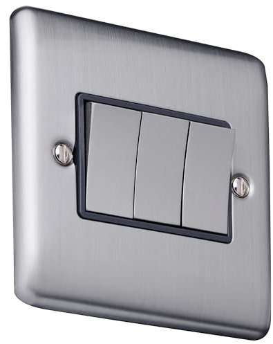 Caradok 3 gang 2 way plate switch Brushed Chrome, Metal Switch, Grey Insert