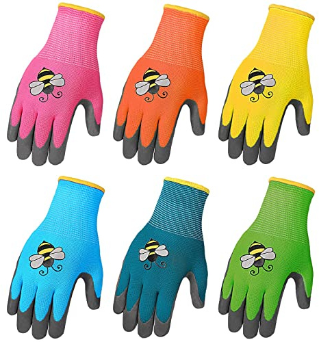 Joottuan 6 Pairs Kids Gardening Gloves Yard Work Gloves Children Soft Safety Rubber Coated Gloves for Toddlers Youth Girls Boys Children (Medium (Age 6-8))