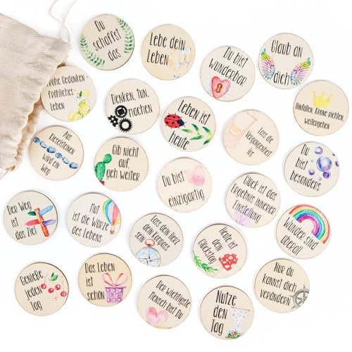Kleine Holztaler mit Sprüchen, 24 Stück: Holz-Glückstaler Beschriftet, Motivationssteine-Set, Mit Stoffsäckchen, Als Deko & Glücksbringer, Ideal Für Geburtstag, Hochzeit, Taufe, Seminar, Bunt, Ø 4 cm