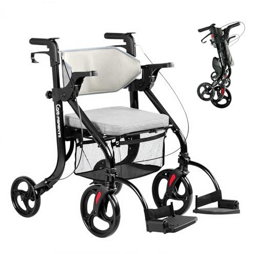 Care-Parents 2-i-1 rullstol rullator, vikbar, lätt (11 kg), aluminium, sittbredd: 38 cm, gånghjälp, med säte och nätficka, justerbar höjd, för äldre och funktionshindrade personer, upp till 100 kg (CP