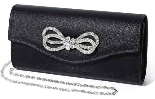DETARA Borsa da sera da donna con fiocco di cristallo lucido con patta per la borsa da donna per feste di nozze, nero