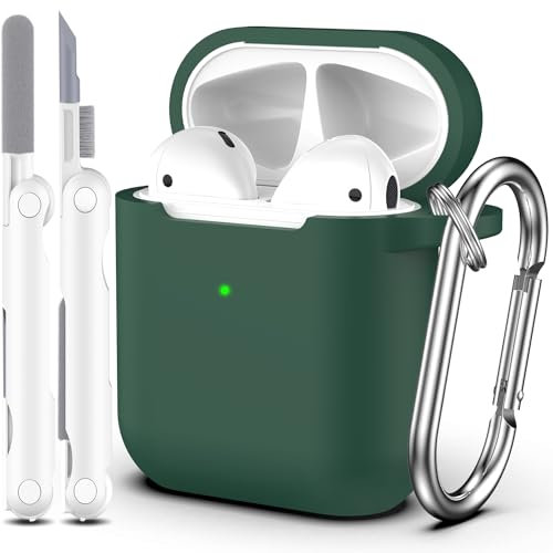 R-fun compatibile con AirPods 2 generazione 2019 Custodia, 1 gen 2016 Custodia con kit di pulizia e portachiavi, morbida custodia protettiva in silicone per Apple AirPods,Nero verde