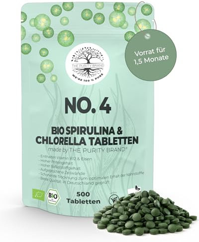 Bio Spirulina & Chlorella 500 Presslinge - Nahrungsergänzungsmittel mit Eisen, Vitamin B12 & Proteinen - 1,5 Monate Vorrat - 4,8g empfohlene Tagesdosis - Vegan & laborgeprüft - The Purity Brand