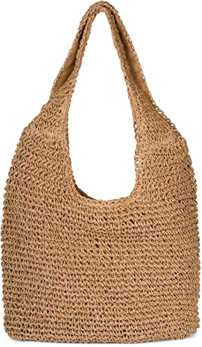 styleBREAKER Damen Beuteltasche Papierstroh Flecht, Braun