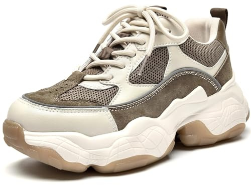 BEAU TODAY Chunky Sneakers for Women, Womens Fashion Sneakers, Lace Up Platform Comfortable Leather Casual Dad Shoes Beige Brown US 9