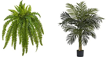 Nearly Natural 35 Boston Fern (Set of 2) Silk Plants + 4ft. Golden Cane Palm Tree