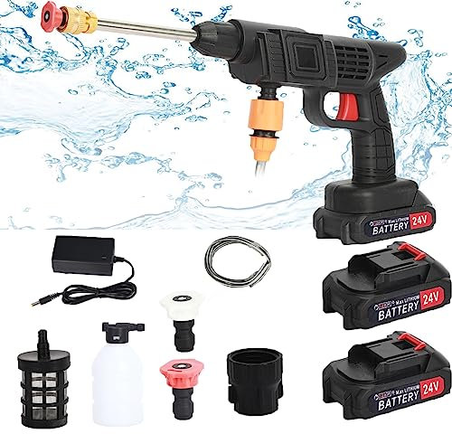 Shienfir Limpiador de alta presión con batería de 24 V 3300 RPM con 2 baterías de 1500 mAh y 5,5 litros/minuto. Accesorio de lavado de coches para coche, casa, césped, jardín, valla, piscina.