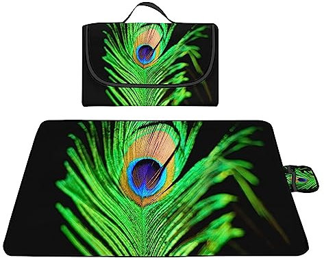 Picknickdecke 180x200cm,XXL Picknickdecke mit Wasserdichter Unterseite,Outdoor Stranddecke Sandfrei,mit Tragegriff Faltbare Picnic Blanket für Camping,Strand,Park,Familie,Konzerte Grüne Pfauenfeder