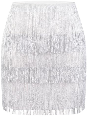 MANER Women’s Fringe Skirt Stretchy Sparkly Bodycon Tassel Trim Mini Skirt (Large, Sparkly White)