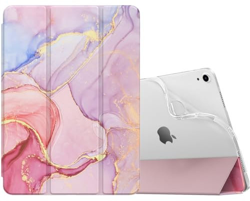 MoKo Coque pour iPad Air 11 Pouces 7e/6e Génération M3/M2 2025/2024, iPad Air 5e/4e Gén 10,9 2022/2020, Coque Arrière Translucide Givrée TPU, Auto Réveil/Sommeil, Marbre Rose Clair Doré