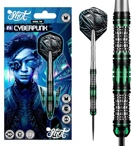 Shot! Darts AI Cyberpunk 90% Tungsten Pro Throwing Darts Steel Tip Set, Professional – Made in New Zealand – Designed Dart Flights for Women & Men – Metal Tip Bar Darts for Adults