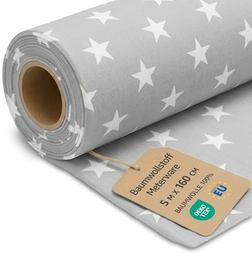 Stoff Meterware Baumwollstoff 5 M x 160 cm - Stoffe zum nähen aus reine baumwolle fabric futterstoff dekostoff für patchwork canvas und sewing nähstoff Oeko-Tex Weiße Sterne auf Grau