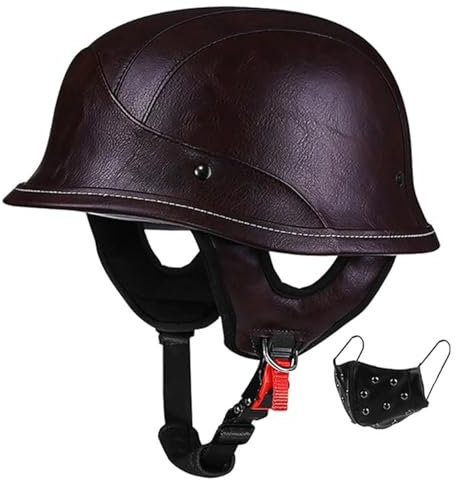 QJWMatic Deutscher Stil Motorradhelm, PU Leder Motorrad Halbhelme Herren Damen Mit Schutzbrille Open Face Helme DOT/ECE-Zulassung E,L60-62CM