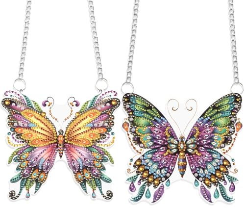 JISHSHAY 2 PCS Diamond Art Hanging Diamond Painting Sun Catchers Gem Art Table Wind Chimes Gem Painting Hanging Pendant Mosaic Kits for Adults Suncatchers Window Hangers with Special Shape Butterfly