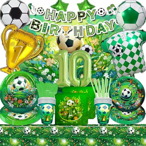 Mowtential 101 Pièces Kit Anniversaire Football 10 Ans,2025 nouveau Deco Anniversaire Garcon Vert,Ballon Foot,Fond, Bannière,Nappe,Assiette,Tasse,Serviett(10 Ans Deco Foot)