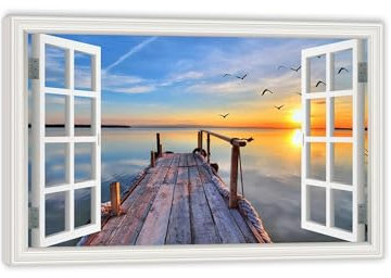 RXNHGJDS Fensterblick Bilder auf Leinwand,Sonnenuntergang Landschaftsmalerei Möwenküste,Leinwandbild Sonnenuntergang Wandbilder Fensterblick Offenes Fenster Ansicht Bild75x50cm(30x20in) Innenrahmen
