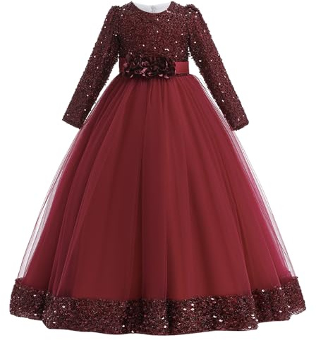 Vestito da festa per ragazze, elegante, lunghezza alla caviglia, tulle gonfio, abito da ballo, principessa, matrimonio, damigella d'onore, concorso, Natale, abiti lunghi, 01 rosso., 8-9 Anni