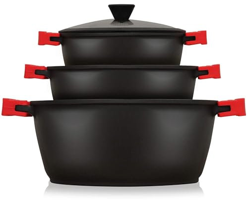 briebe Black Titanium Batería Cocina Inducción 6 Piezas Antiadherente Titanio, Juego 3 Ollas Aluminio Fundido sin PFOA, Set Cazuelas Tapas Cristal, Asas Silicona Extraíbles, Vitrocerámica, Gas, Horno