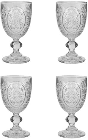 Wine Glasses Set of 4 Embossed Vintage Style Wine Goblet Glassware Set Dishwasher Safe Wine Glass Set Colourful Baroque Footed Wine Chalice Tumblers (Clear)