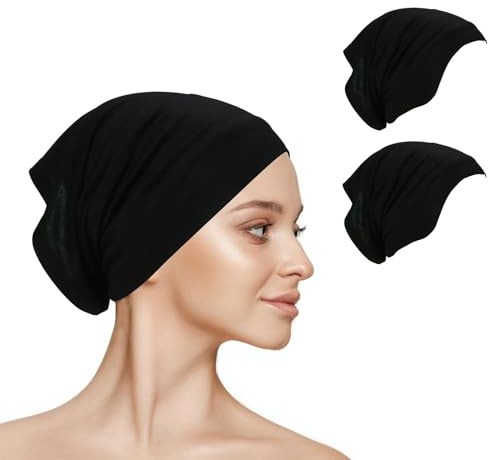 2 Pcs Cotton Hijab Undercap, Breathable Jersey Tube Cap for Women, Instant Ready-to-Wear Underscarf, Black Headwrap