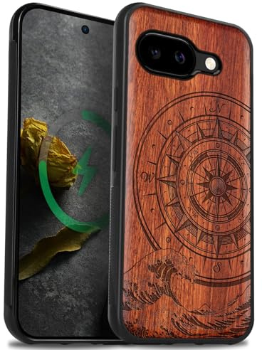 Carveit Coque en Bois pour Pixel 9a, (Rosé-Boussole Vagues) | Magnétique pour Étui Bois Cover [Antichoc Pare, Chocs en TPU Souple] Case de Compatible Magsafe pour Google Pixel 9a Coque