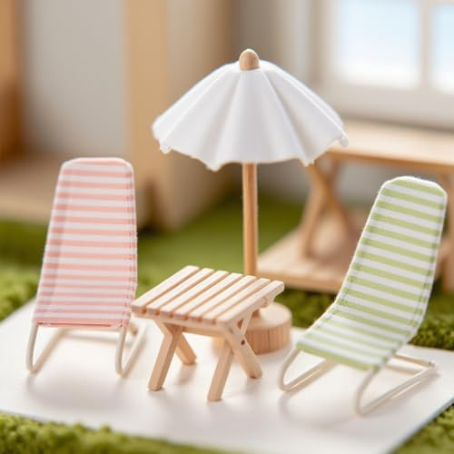 Minamzee Dollhouse Beach Chair Set,1:12 Mini 2 pcs Beach Longue Deck Chair,Foldable Table and A Sun Umbrella,Miniature Dollhouse Furniture Set for Craft Dollhouse Accessories (Pink + Green) | Accessories Set with Metal Beach Recliner, Wooden Sun Umbrella and Folding Table, Dollhouse Furniture Decoration for Beach