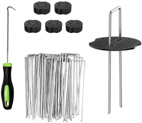 LUMOOM Lot de 50 piquets d'ancrage contre les mauvaises herbes et 50 rondelles - Piquets galvanisés en forme de U avec crochets de retrait - Pour toile anti-mauvaises herbes, jardin, gazon artificiel