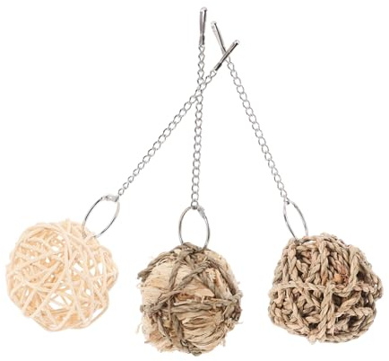 JUMPLAWN 3 Stück Kauspielzeug aus Natürlichem Rattan mit Wassergras und Maisball Vielseitiges Vogelspielzeug für Papageien Hamster und Kaninchen Geeignet für Vogelkäfige