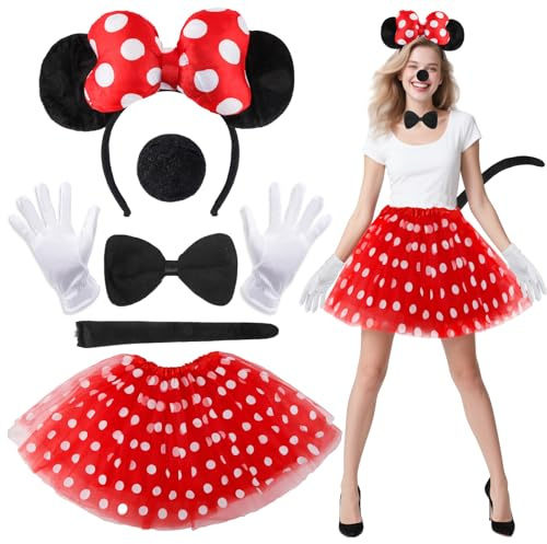 Mouse Costume Girls Women- 7 Pcs Mini Mouse Dress Adult Princess Outfit with Red Tutu Skirt Mouse Ears Headband Nose Tail Bow Tie Gloves for Cosplay Party Halloween Christmas World Book Day Dress Up